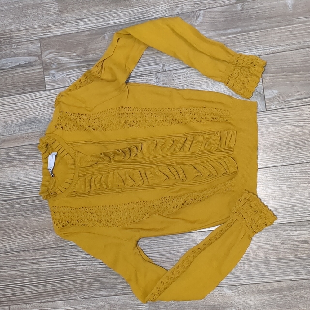 Zara Mustard Yellow Ruffled Knit Sweater S - Picture 2 of 7